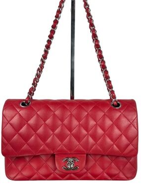 Chanel Medium Classic Double Flap Bag Red Lambskin Silver Hardware 25cm